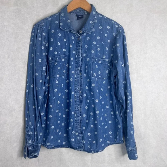 Basic Editions Blue Chambray Floral Long Sleeve Button Up Cotton Blend Top‎ Sz L - Picture 9 of 9